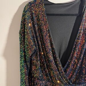 Multicolor Sequin Long Sleeve Romper Deep V Party / Festival Outfit